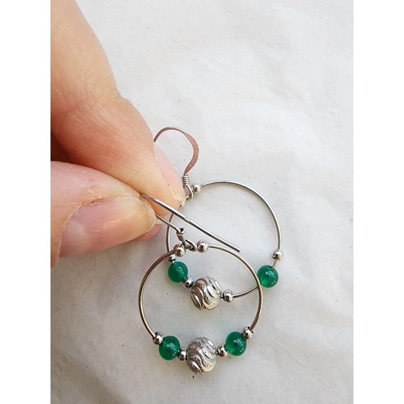 Solid 925 Sterling Silver Fine Jewelry Round Hoop Earrings green Aventurine - Picture 7 of 11